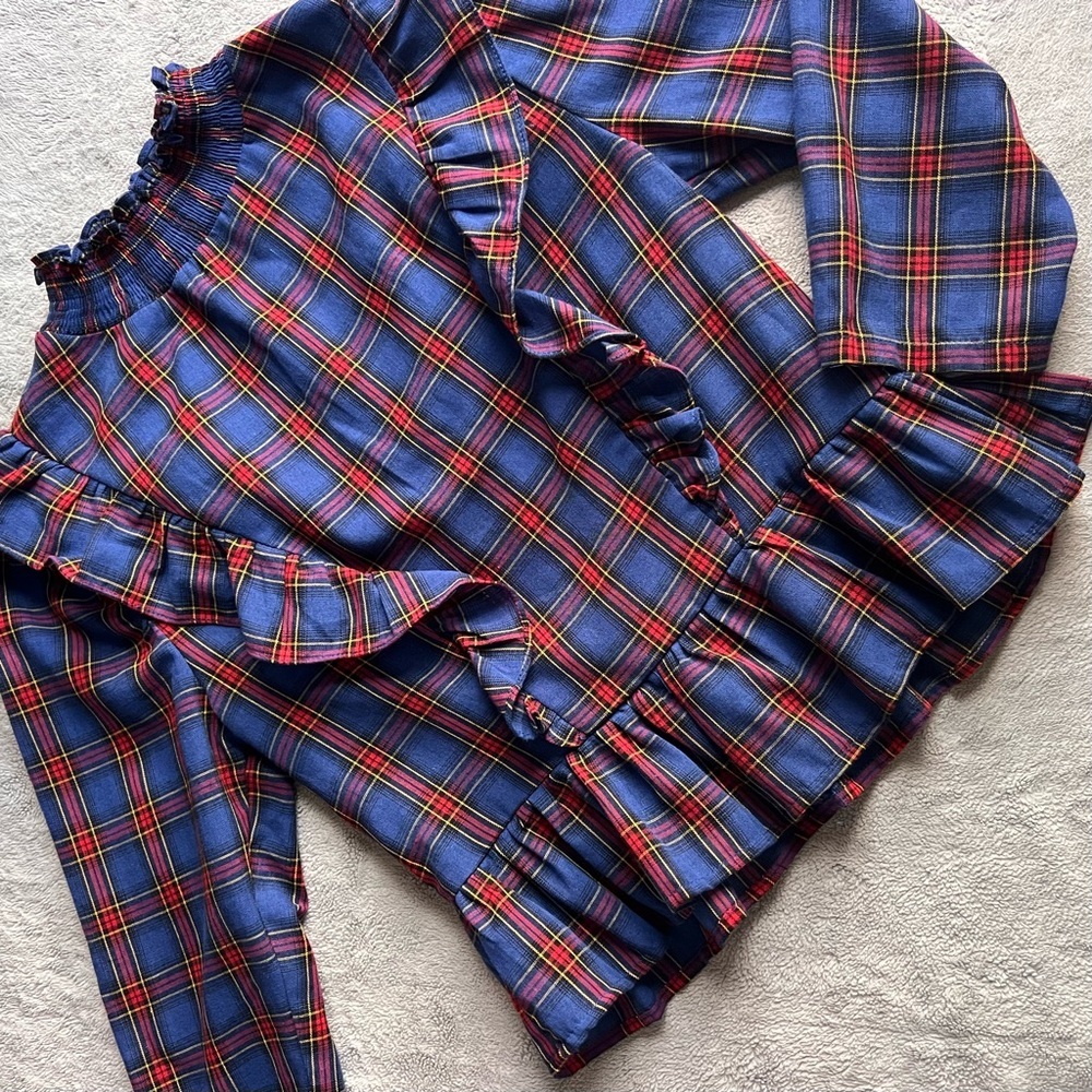 English Factory Cottagecore Plaid Ruffle Smocked Mock Neck Modest Top Blue Sz M